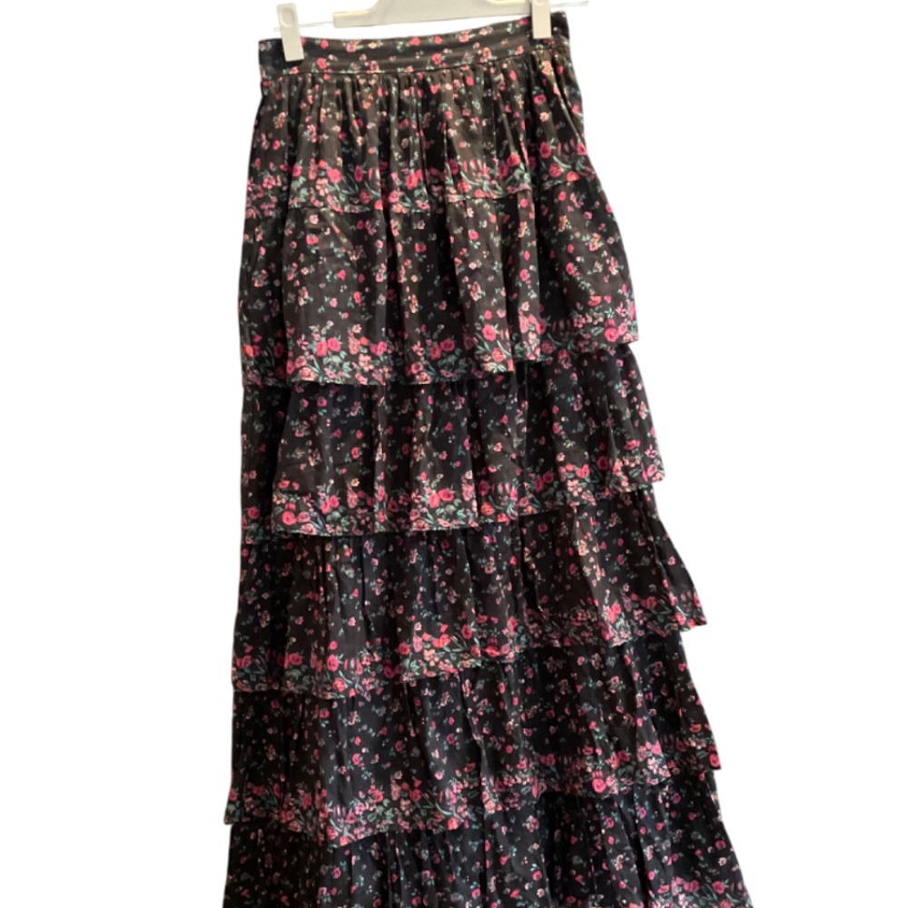 LoveShackFancy Black Maxi Skirt with Pink Floral Print